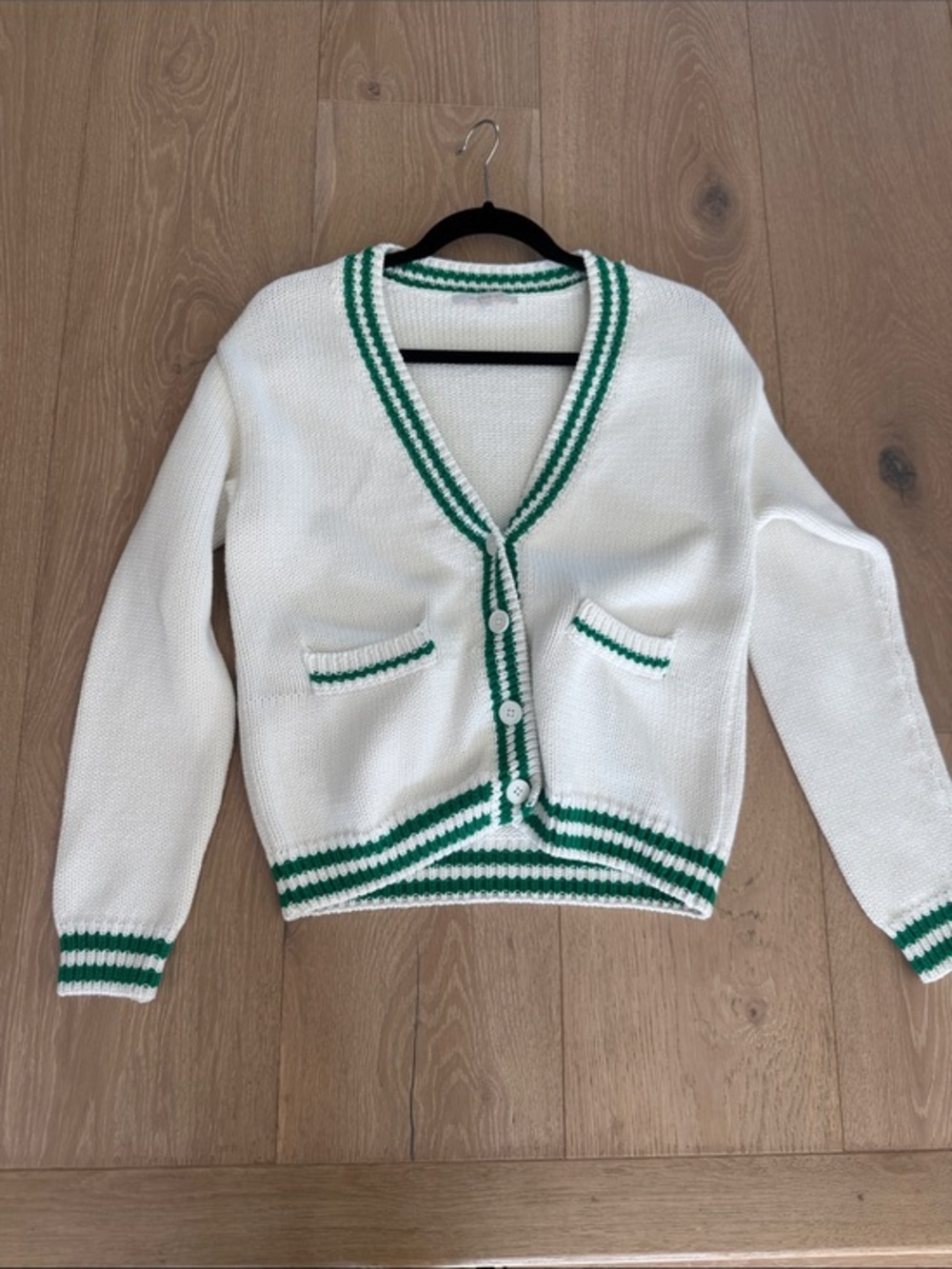 Olivaceous Cream V-Neck Cardigan with Green Trim - Picture 1 of 4